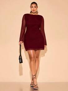 SHEIN BAE Váy ngắn dạo phố mùa xuân/hè cỡ lớn dành cho nữ, thích hợp mặc thường ngày, đi làm, đi chơi, hẹn hò, tiệc trà chiều, ngày lễ, phong cách Pháp, váy dạ hội, váy sinh nhật, váy phù dâu, váy thường ngày đơn giản và thanh lịch, váy trang trọng dành cho nữ - Màu Đỏ Sâu - Xem 6