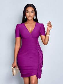 SOLERSUN Vestido rojo navideño con volantes y flecos, escote profundo en V, conjunto sexy - Morado - Ver 3