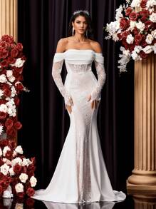 Glamrae Vestido de novia de cola de sirena con hombros descubiertos y encaje, con tren, para la novia