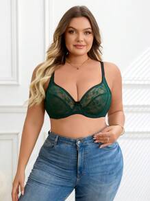 SHEIN Plus Size Lace Underwire Soft Cup Lingerie Bra - Dark Green - View 1