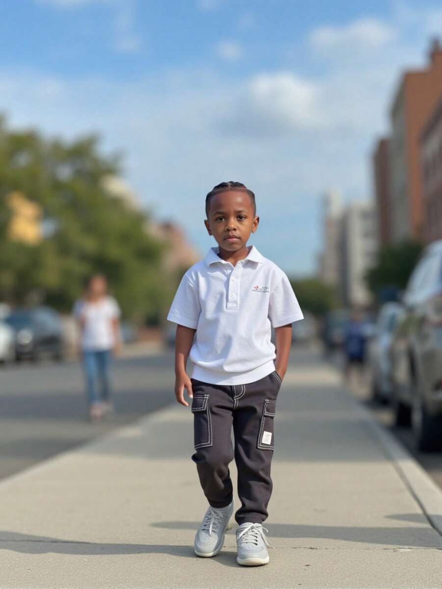 YOUNG BOYS Classic Black With White Stitching Loose Straight Leg Jeans, Dual Side Pockets, Graphic Hem Design, Casual School Style Boys Long Pants - Black - View 1