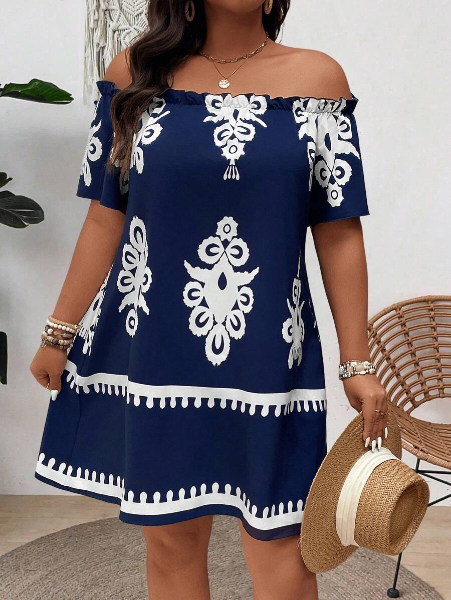 SHEIN Clasi Vestido con hombros descubiertos, mangas cortas, volantes y estampado floral para mujer de talla grande - Azul - Ver 1