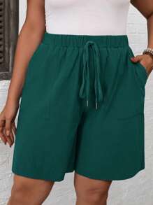 EMERY ROSE Plus Size Women's Solid Color Waist Tie Pocket Casual Shorts Simple & Fashionable Summer