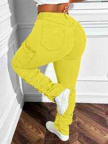 Slaydiva Celana Jeans Kasual Stretch Wanita Ukuran Plus dengan Kantong Kargo dan Elemen Desain - Kuning - View 2