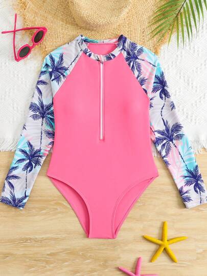 SHEIN Tween Girl Long Sleeve Zipper Snug Fit One-Piece Swimsuit, Simple & Fashionable, Suitable For Summer Swimsuit With Sleeves Long Sleeve Girls Bathing Suits Popular Swimsuits For Teen Girls Girls Swimsuits Long Sleeve Girls Sleeve Swimsuites
