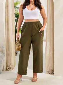 RueChic Women Plus Size Solid Color Elastic Waist Button Design Casual Pants - Khaki - View 4