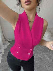 Elenzga Áo sơ mi không tay thời trang & thanh lịch dành cho nữ, cổ tròn, túi trước có nút, thắt eo, xẻ tà, cổ áo khối màu đen trắng, chi tiết gấu áo - Màu Hồng Tươi - Xem 6