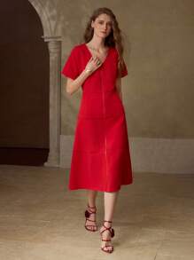MOTF VESTIDO CON CREMALLERA AL FRENTE Y CUELLO EN V - Rojo - Ver 5