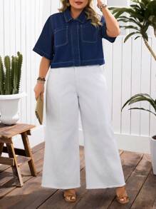 EMERY ROSE Plus Size Casual Denim Jacket, Short - Dark Wash - View 3