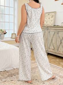 CottageSlumber Conjunto de pijama de verano con volantes y estampado floral diminuto, tallas grandes, para vacaciones