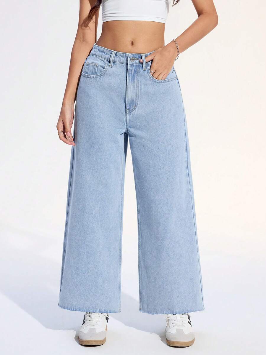 Jeanoix 女式口袋阔腿宽松休闲百搭牛仔裤 - 淺色水洗藍 - 查看 1