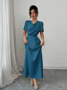 Elenzga Vestido largo con cuello drapeado, cintura ajustada y espalda descubierta con moño, en satén champán, adecuado para el Día de San Valentín y bodas