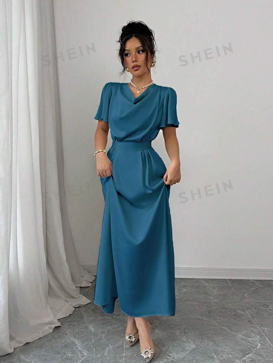 Elenzga Vestido largo con cuello drapeado, cintura ajustada y espalda descubierta con moño, en satén champán, adecuado para el Día de San Valentín y bodas