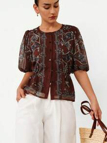 Frievida 优雅圆领碎花修身奢华女式衬衫 - 棕色 - 查看 3