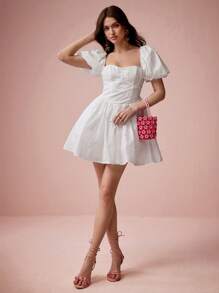 Enchnt Spring/Summer Romantic Women's White Exquisite 3D Floral Embroidered Puff Sleeves Square Neck Cute Mini Dress,Sweet&Elegant For Birthday&Holiday Party&Wedding Season&Garden Parties&Vacation&Graduation Season - White - View 6