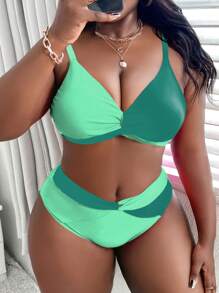 Slaydiva Costume da bagno a due pezzi con design a blocchi di colore e torsione, per taglie forti