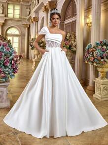 Glamrae 优雅浪漫白色亮片缀饰缎面不对称颈部垂褶透视拼接长裙、婚纱、新娘 - 白色 - 查看 3