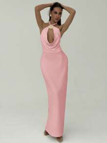 Aloruh Romantic Date, Spring/Summer Vacation Halter Hollow Out Shell Decor Bodycon Backless Dress For Ladies - Pink - View 6