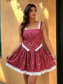 SHEIN Clasi Vestido mini con volantes de encaje y parches de flores diminutas románicas, talla grande