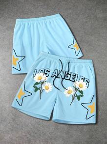 Manfinity EMRG Men's Letter & Daisy Print Drawstring Waist Casual Shorts - Blue - View 7