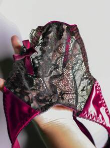 Seduluxe 2件套女士蕾丝边加厚聚拢内衣文胸和内裤套装 - 玫紅色 - 查看 6