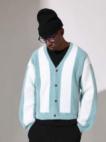 SUMWON Luxury Fuzzy Winter Color Block Knit Cardigan Button Front Soft Cozy Warm Holiday Season Fashion Essential Knitwear Sweater