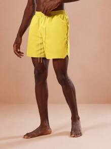 SUMWON Summer Beach Vacation Swim Trunks Athletic Pool Shorts Drawstring Adjustable Waist Mesh Lined Fitness Training Side Split Casual Resort Wear - Yellow - View 1