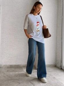 EURMUSE Áo thun nữ tay ngắn thêu khăn tắm phía trước màu trơn thường ngày - trắng - Xem 4