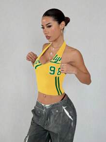 Flirla Streetwear Damen Farbblock 98 Buchstaben Muster Tiefer V-Ausschnitt Trägertop