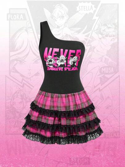 Winx Club X ROMWE Women's One Shoulder Plaid Contrast Lace Mini Dress