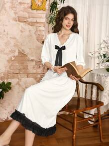 Côtesoire 奢华优雅 3D 花卉蕾丝边宽松女式睡裙 - 白色 - 查看 1