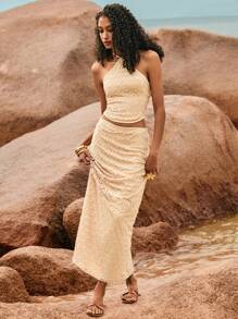 Poéselle Women's Holiday Lace Sleeveless Top And Skirt 2 Pieces Set, Fashionable - Apricot - View 9