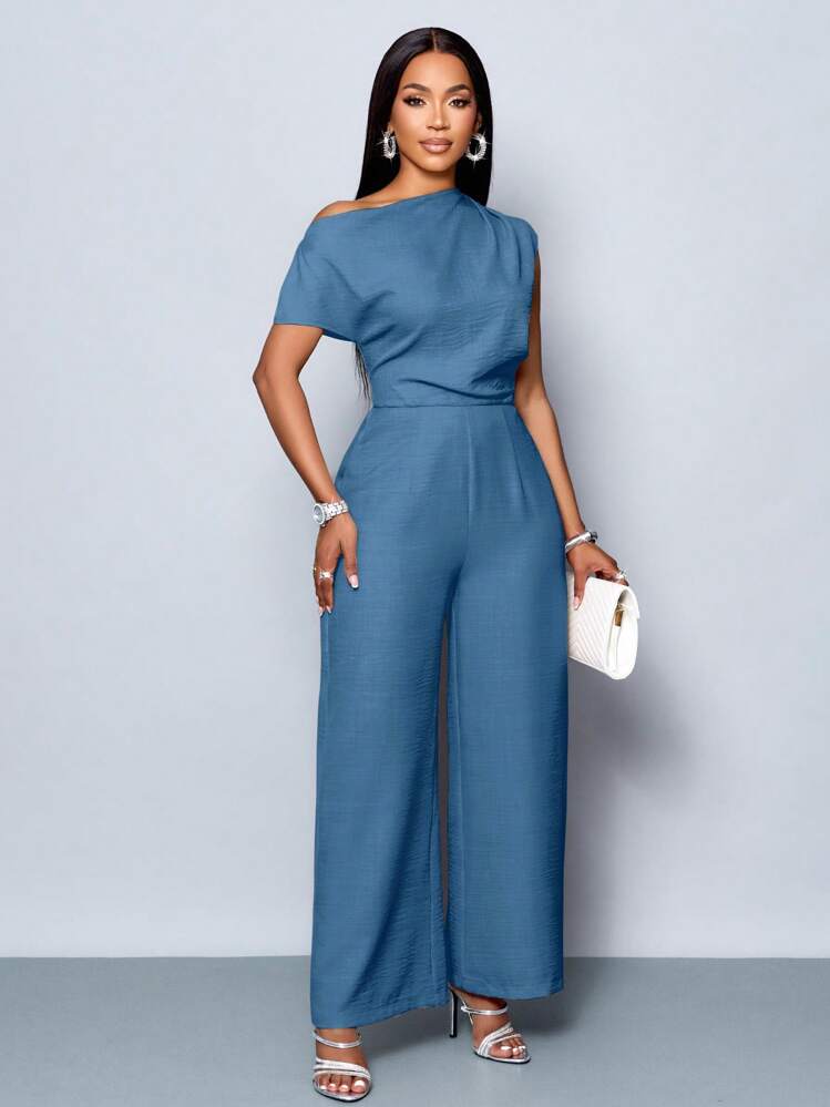 SOLERSUN Macacão casual com ombros à mostra, gola assimétrica, pregas nos ombros, manga curta e perna larga, elegante e simples para o dia a dia, em apricot, para uso em qualquer estação para mulheres - Azul - Visão 6