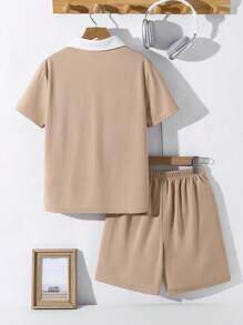 2 Stücke/Set Lässig Polokragen 2 in 1 Strick Kurzarm T-Shirt und Shorts Set für Tween Jungen, geeignet für Pendeln, Schule, alltägliche Freizeitaktivitäten, Sport, Frühling/Sommer