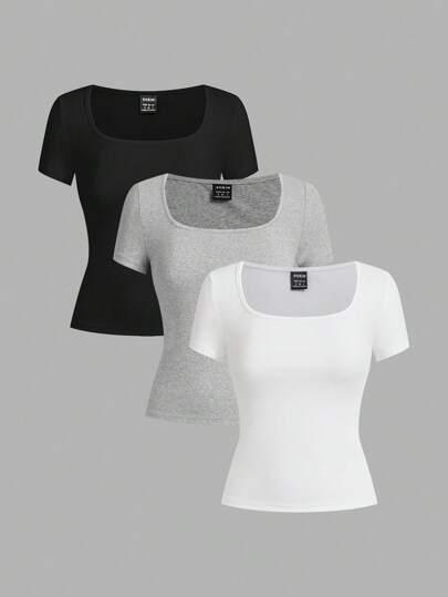 SHEIN EZwear 3pcs/Set Women Black, White & Gray Short Sleeve Cropped Fitted T-Shirts, Casual Summer Suitable For Going Out