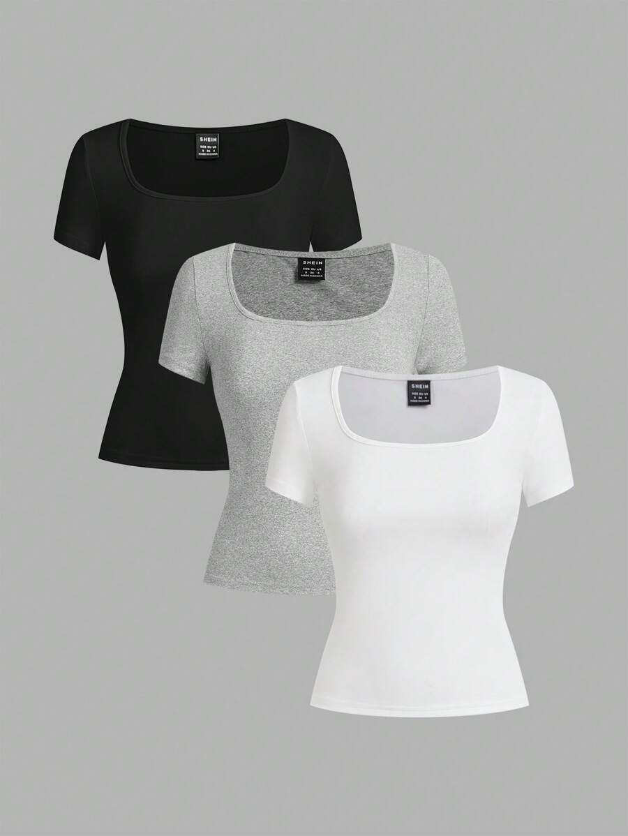 SHEIN EZwear 3 件套女士黑白灰色短袖短款修身 T 恤，休闲夏季 - 彩色 - 查看 1