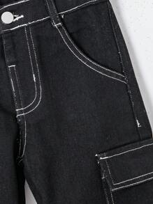 YOUNG BOYS Classic Black With White Stitching Loose Straight Leg Jeans, Dual Side Pockets, Graphic Hem Design, Casual School Style Boys Long Pants - Black - View 7