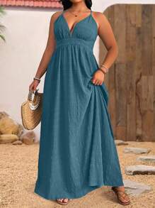 SHEIN Holidaya 大码女式纹理露背吊带海滩度假连衣裙，夏季 - 霧霾藍 - 查看 6