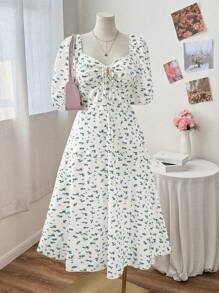 Flirla Plus Size Sweetheart Collar Tie-Front Elegant Cute Casual Dress For Date, Party