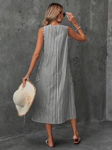 EMERY ROSE Women's Summer Round Neck Cotton Woven Striped A-Line Dress With Pockets - Black and White - View 2