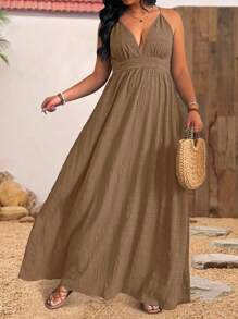 SHEIN Clasi Váy yếm hở lưng họa tiết màu trơn mùa hè cỡ lớn cho nữ đi biển/nghỉ dưỡng - Cà phê nâu - Xem 3