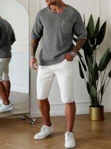 Manfinity Homme Men's Casual Solid Color Knit Sweater Men Vacation Men Knit Tops Men Sweater Top