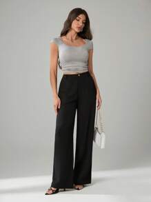 SHEIN Tall 夏季休闲黑色西装直筒阔腿裤淑女老钱款办公室仙女款 - 黑色 - 查看 4