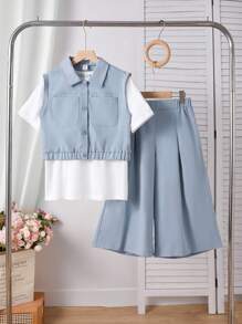 3件套：无袖领口袋背心+休闲T恤+阔腿休闲裤，适合少女日常穿着。兄弟姐妹装搭配服装，2套单独出售。 - 藍色 - 查看 3