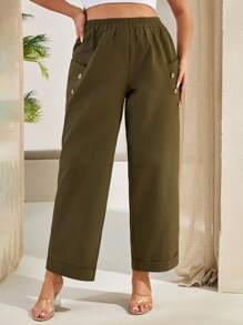 RueChic Women Plus Size Solid Color Elastic Waist Button Design Casual Pants - Khaki - View 1