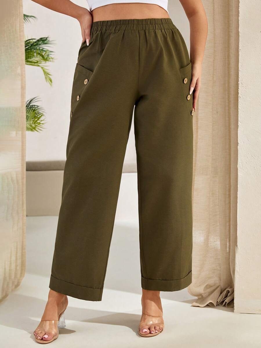 RueChic Women Plus Size Solid Color Elastic Waist Button Design Casual Pants - Khaki - View 1