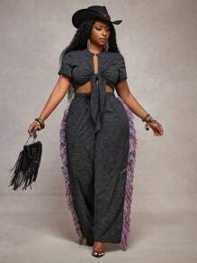 Slaydiva Conjunto de 2 piezas para mujer 2025 Nuevo, Vacaciones, Pascua, Graduación, Rave, Festival, Concierto, Fiesta de Cumpleaños, Casual Sexy: Top corto de manga corta con nudo delantero y pantalones largos holgados tipo maxi con bloques de color y flecos, Talla Grande Negro