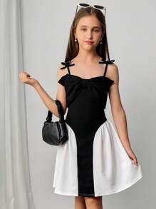 SHEIN Leap Crew Tween Girls' Fashionable Elegant Classic Black Spaghetti Strap Bow Decor Contrast Color Skirt Hem Party Dress - Black and White - View 2