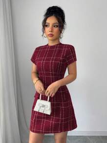 Elenzga 优雅法式格子图案粗花呢连衣裙，带口袋装饰，女式紧身迷你连衣裙 - 酒紅色 - 查看 5