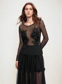 SHEIN LUNE Mesh Solid Floral Embroidered Beaded Crew Neck Elegant Long Sleeve Women's Top, Spring/Summer Fall Cloth For Women - Black - View 3
